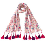 In Pink; Printed Crinkle Long Floral Scarf with Tassels