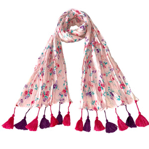 In Pink; Printed Crinkle Long Floral Scarf with Tassels