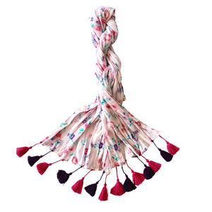 In Pink; Printed Crinkle Long Floral Scarf with Tassels