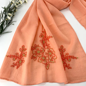 Cotton Voile Long Embroidered Scarf; Seersucker
