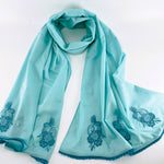 Embroidered and Beaded Long Cotton Scarf: Cyan