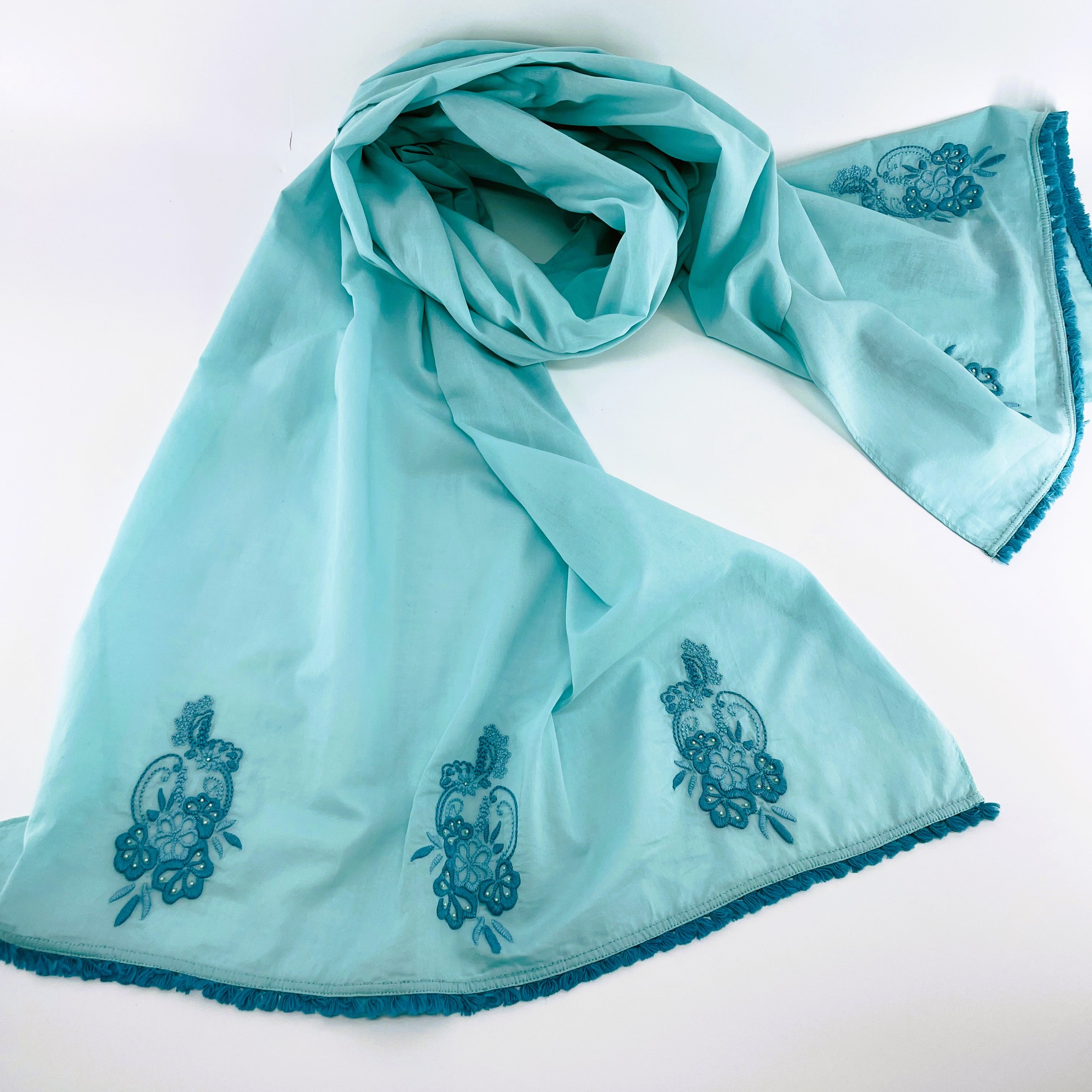 Embroidered and Beaded Long Cotton Scarf: Cyan