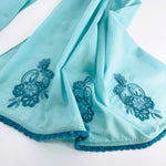 Embroidered and Beaded Long Cotton Scarf: Cyan