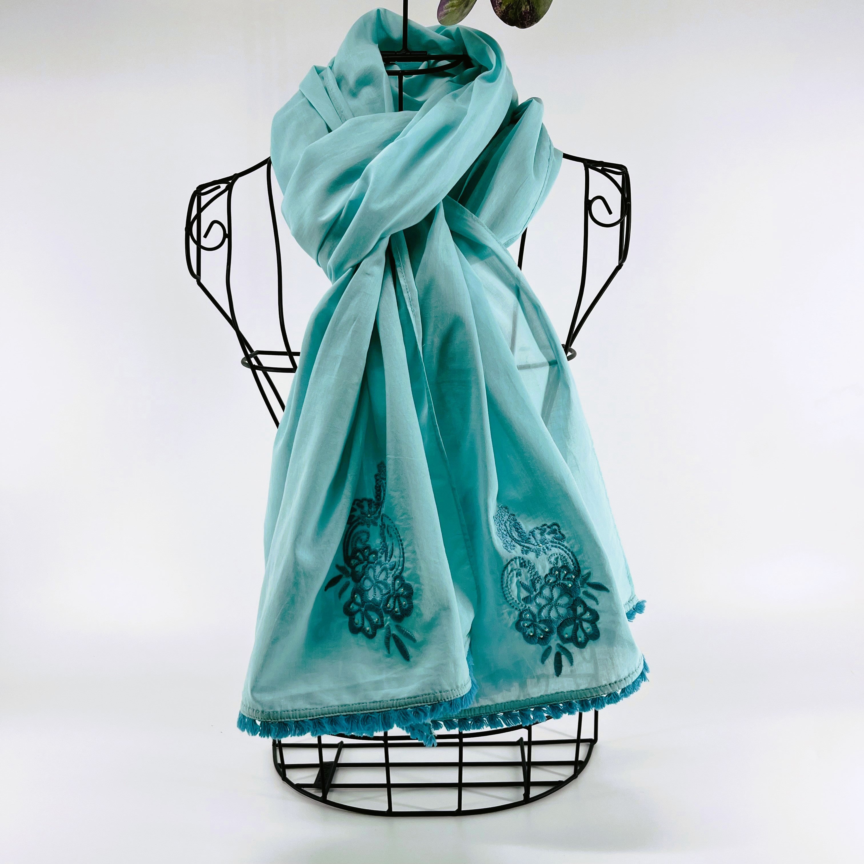 Embroidered and Beaded Long Cotton Scarf: Cyan