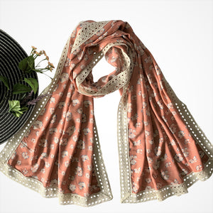 Wide Printed Scarf with Wide Lace; Peach
