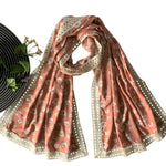 Wide Printed Scarf with Wide Lace; Peach