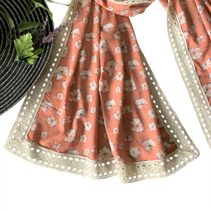 Wide Printed Scarf with Wide Lace; Peach