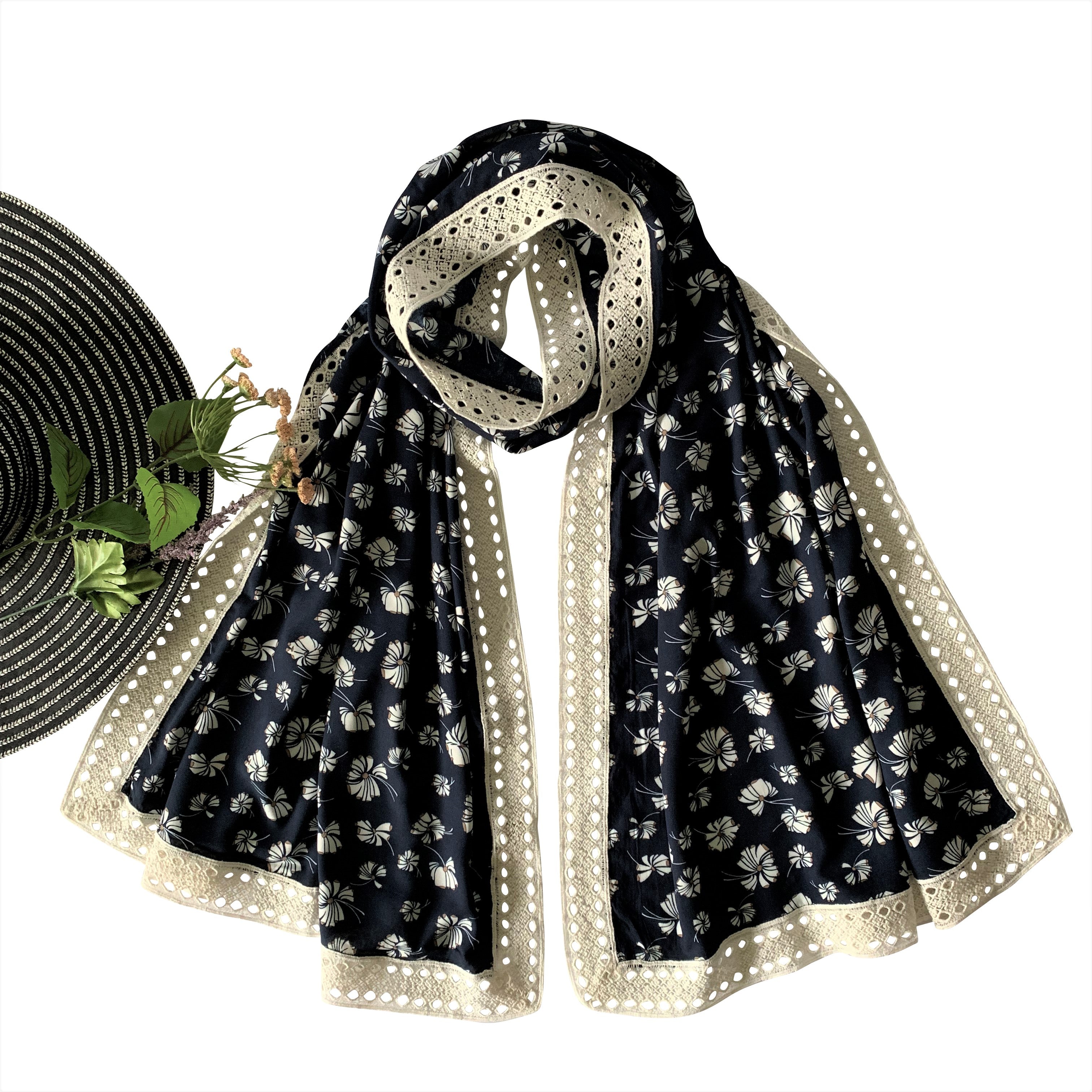 Wide Printed Scarf with Wide Lace; Navy