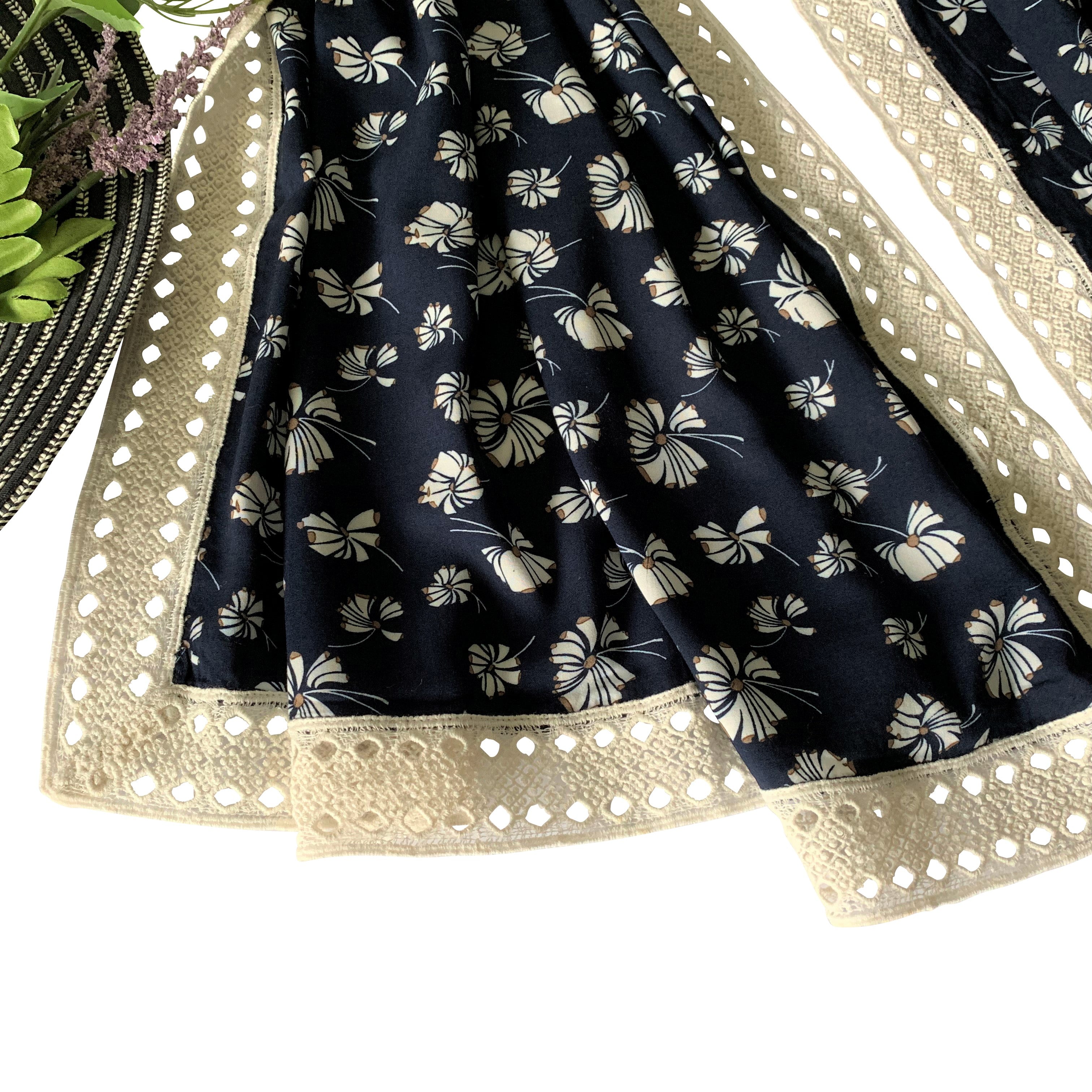 Wide Printed Scarf with Wide Lace; Navy
