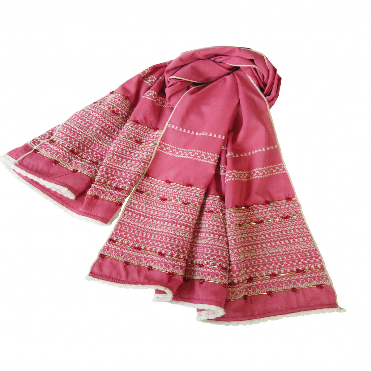 Rose Pink; Hand Embroidered Long Slim Scarf