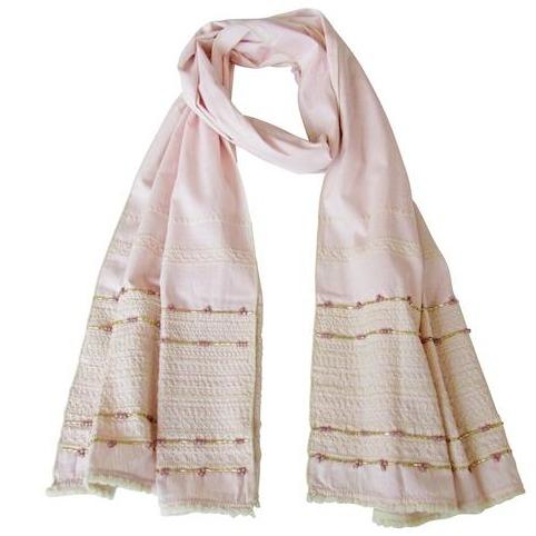 Powder-Pink; Hand Embroidered Long Slim Scarf
