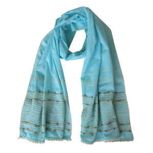 Aqua-Blue; Hand Embroidered Long Slim Scarf