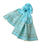 Aqua-Blue; Hand Embroidered Long Slim Scarf