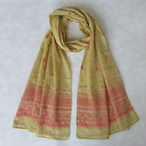 Embroidered Self Check Long Scarf: BUTTERSCOTCH