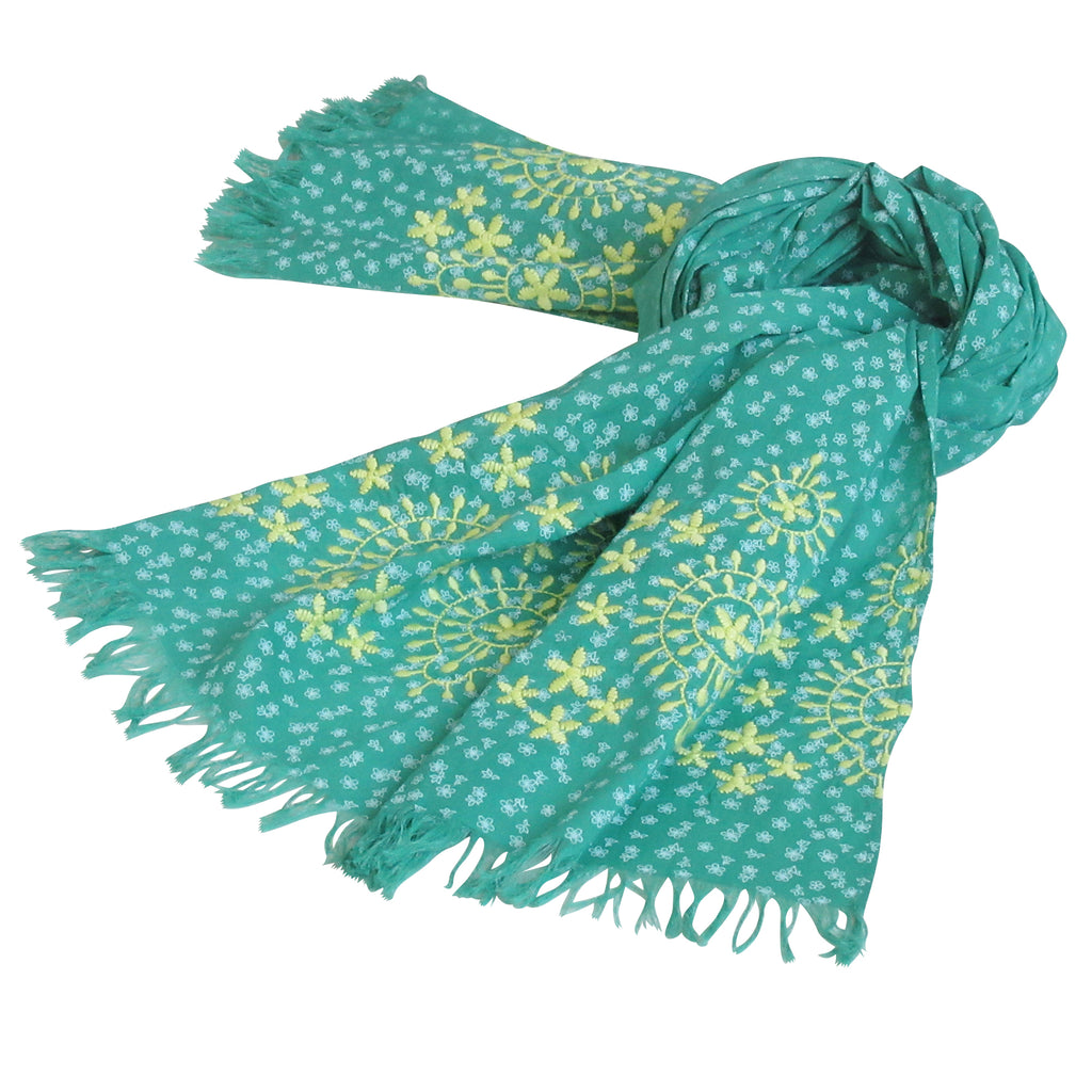 Embroidered Scarf; Green & Autumn Yellow