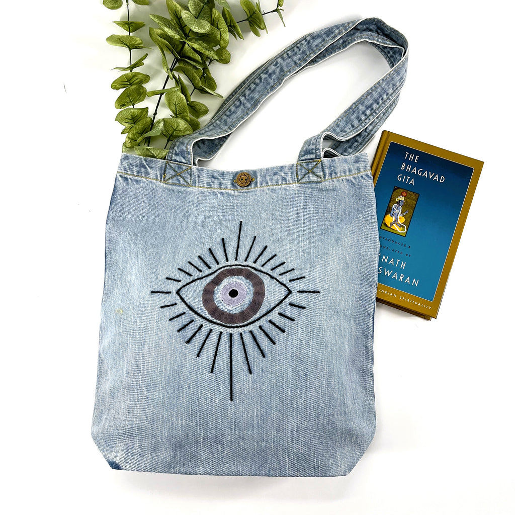 Evil Eye Protector; "Give it a different Meaning" Denim Tote Bag | Light Blue Denim