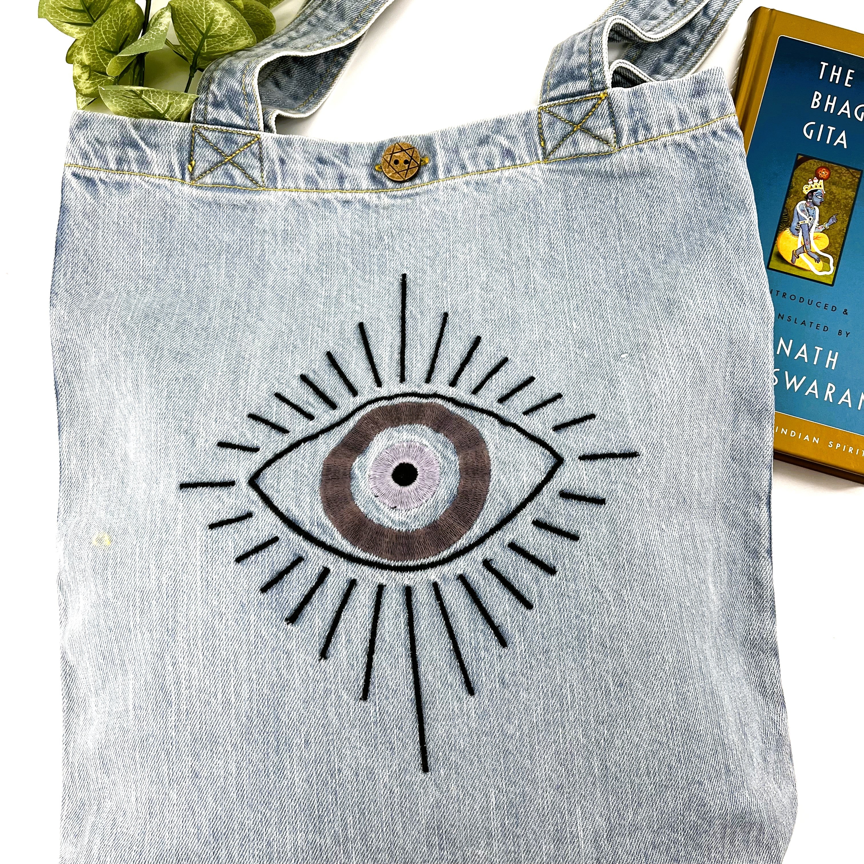 Evil Eye Protector; "Give it a different Meaning" Denim Tote Bag | Light Blue Denim