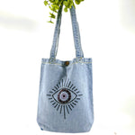 Evil Eye Protector; "Give it a different Meaning" Denim Tote Bag | Light Blue Denim