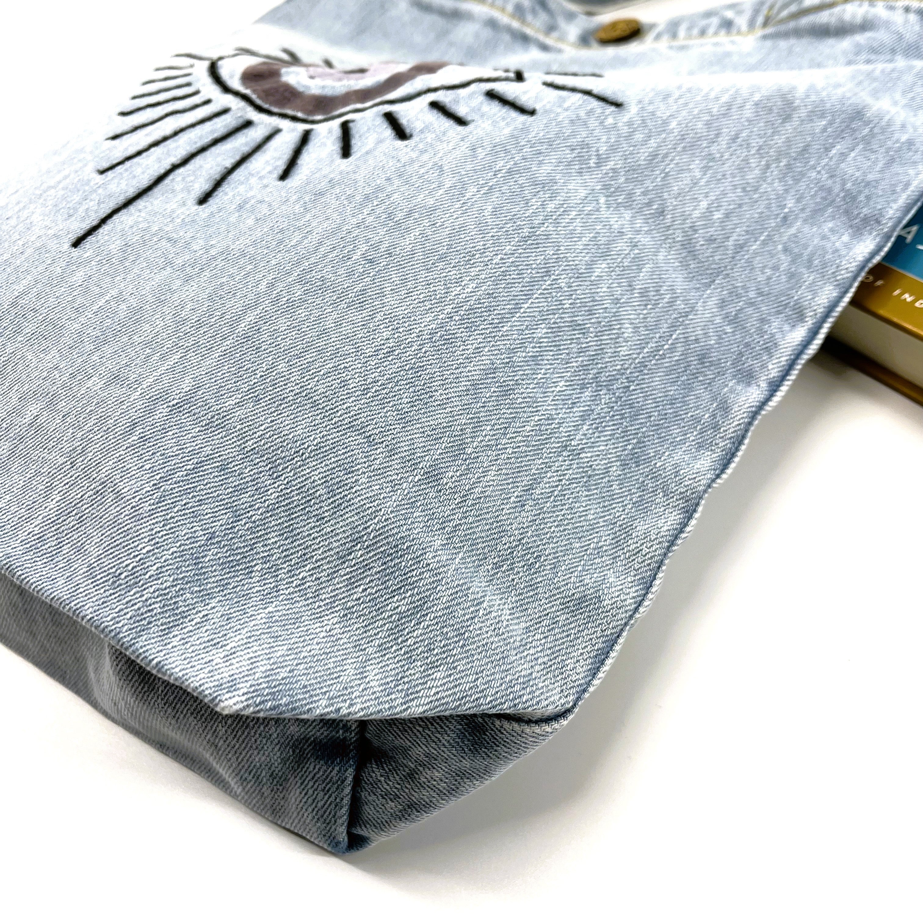Evil Eye Protector; "Give it a different Meaning" Denim Tote Bag | Light Blue Denim