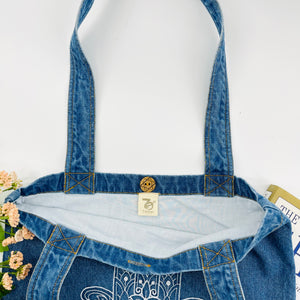 Embroidered Hamsa Hand - Denim Tote Bag | Dark Blue Denim
