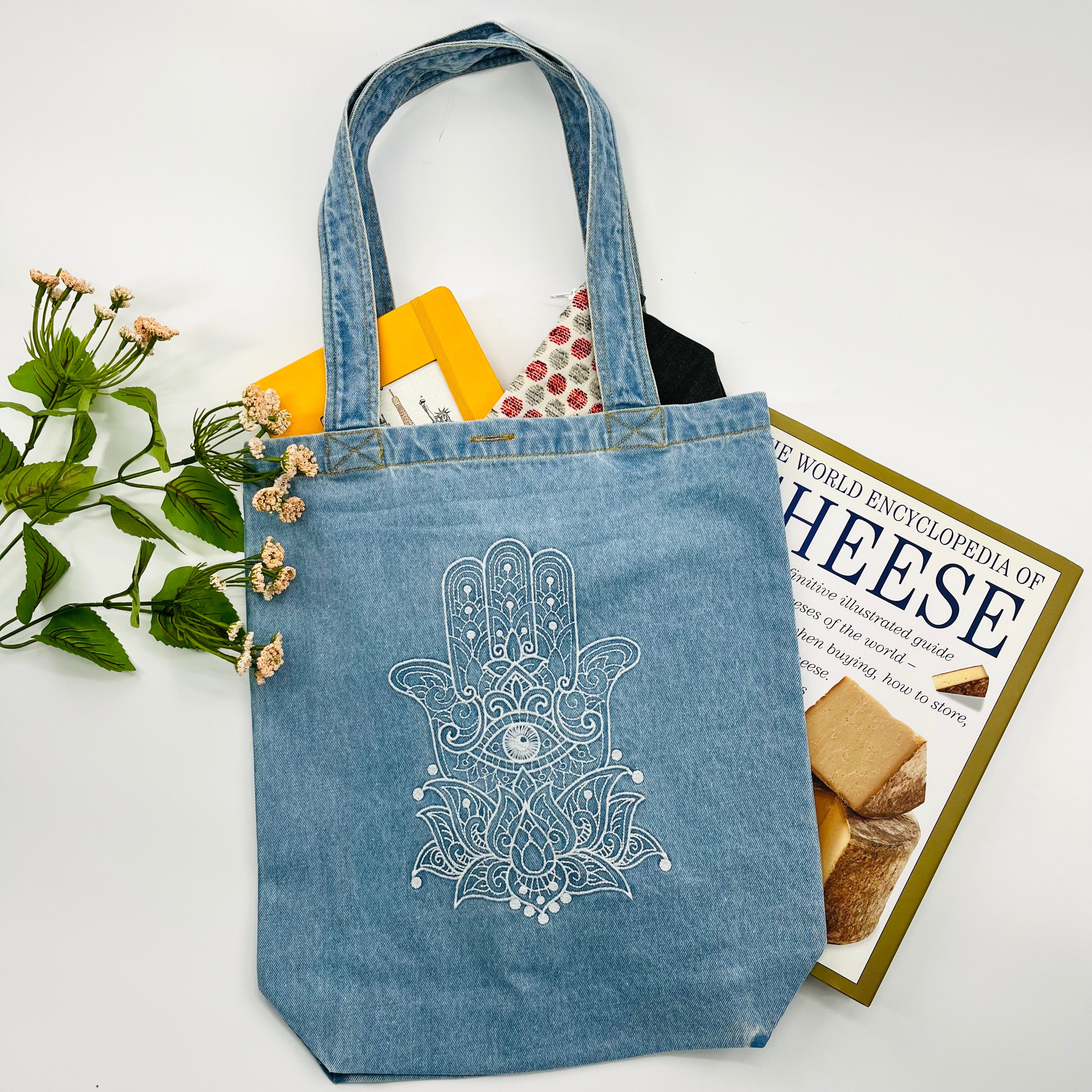 Embroidered Hamsa Hand - Denim Tote Bag | Light Blue Denim