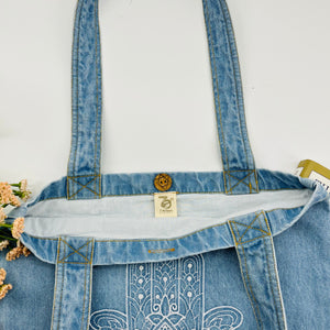 Embroidered Hamsa Hand - Denim Tote Bag | Light Blue Denim