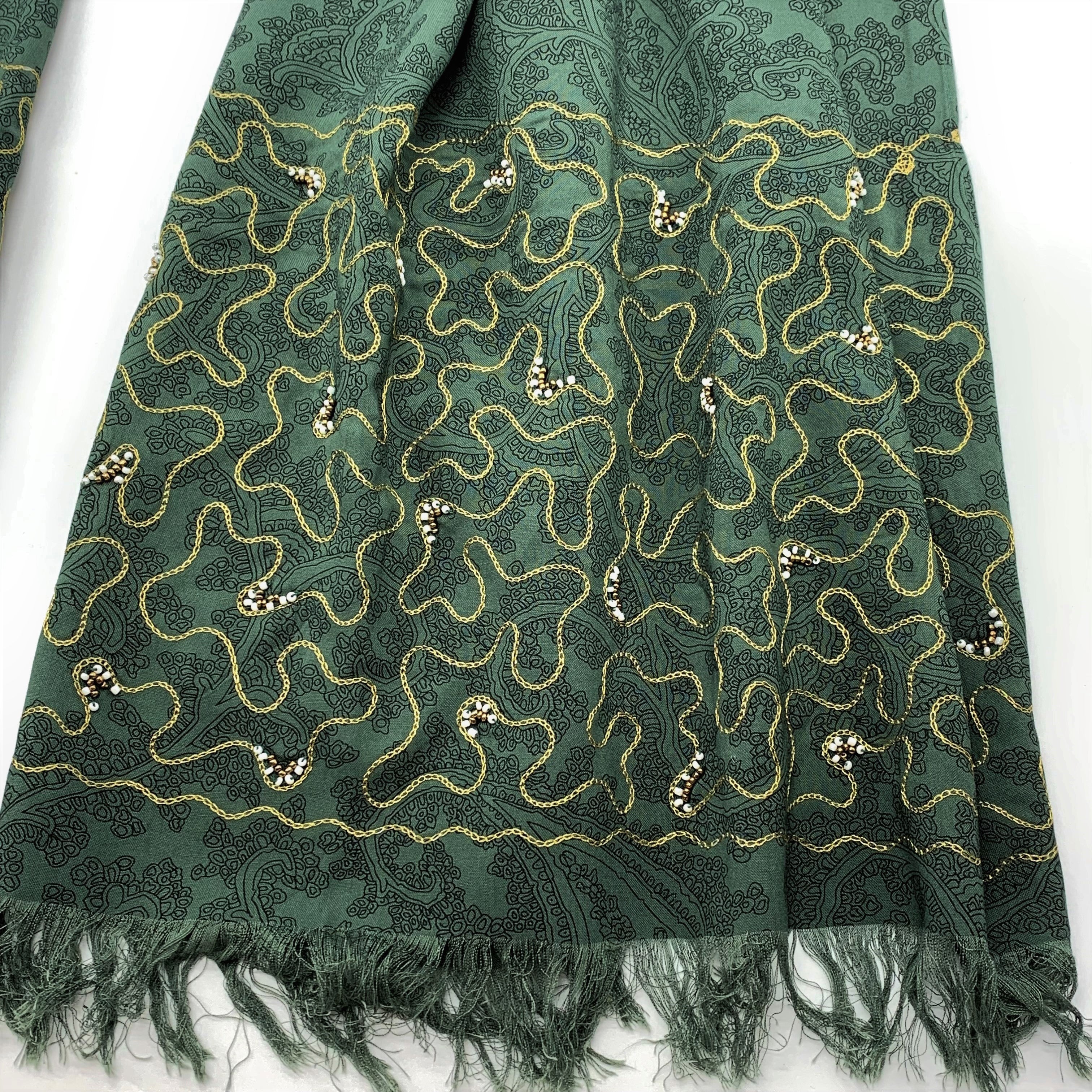 Olive: Hand embroidered with gold thread and Beads; Long Scarf