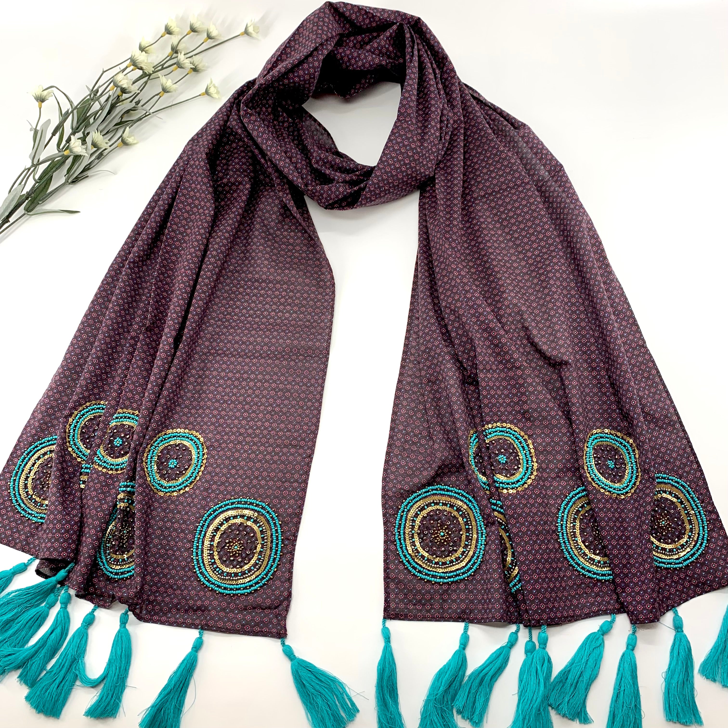 Hand embroidered in Sequin and Beads; Extra Long Scarf