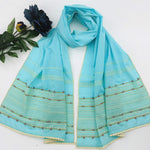 Aqua-Blue; Hand Embroidered Long Slim Scarf