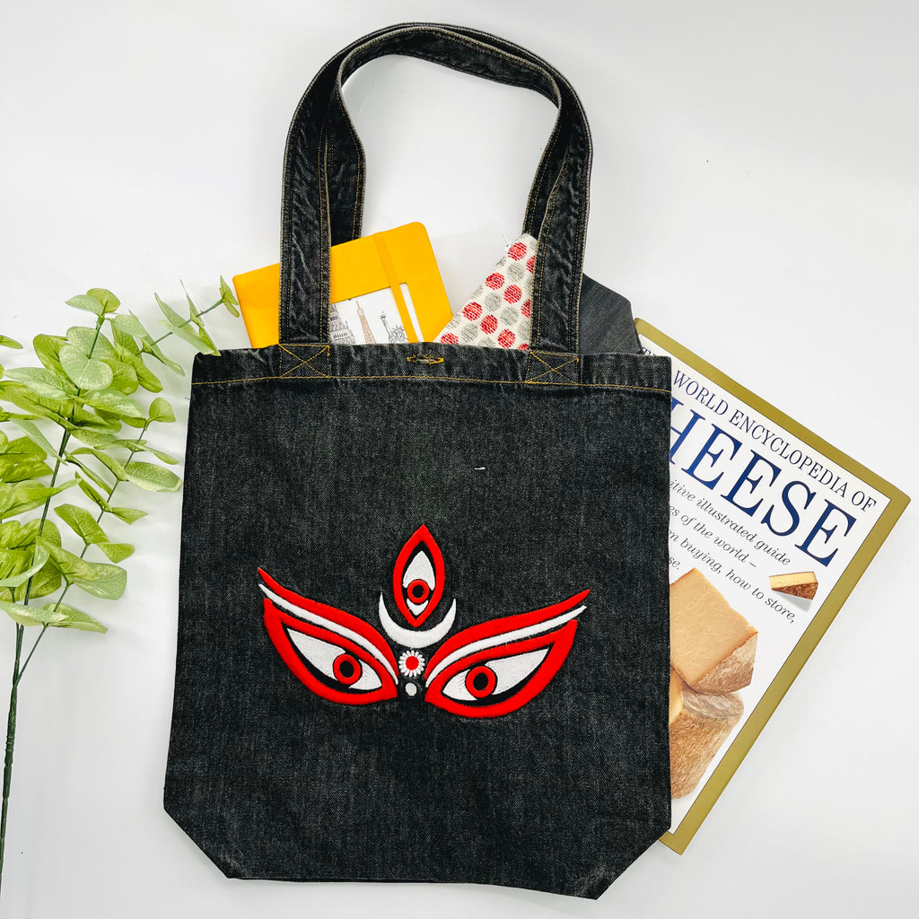 Eyes of "GODDESS KALI" Denim Tote Bag | Charcoal Denim