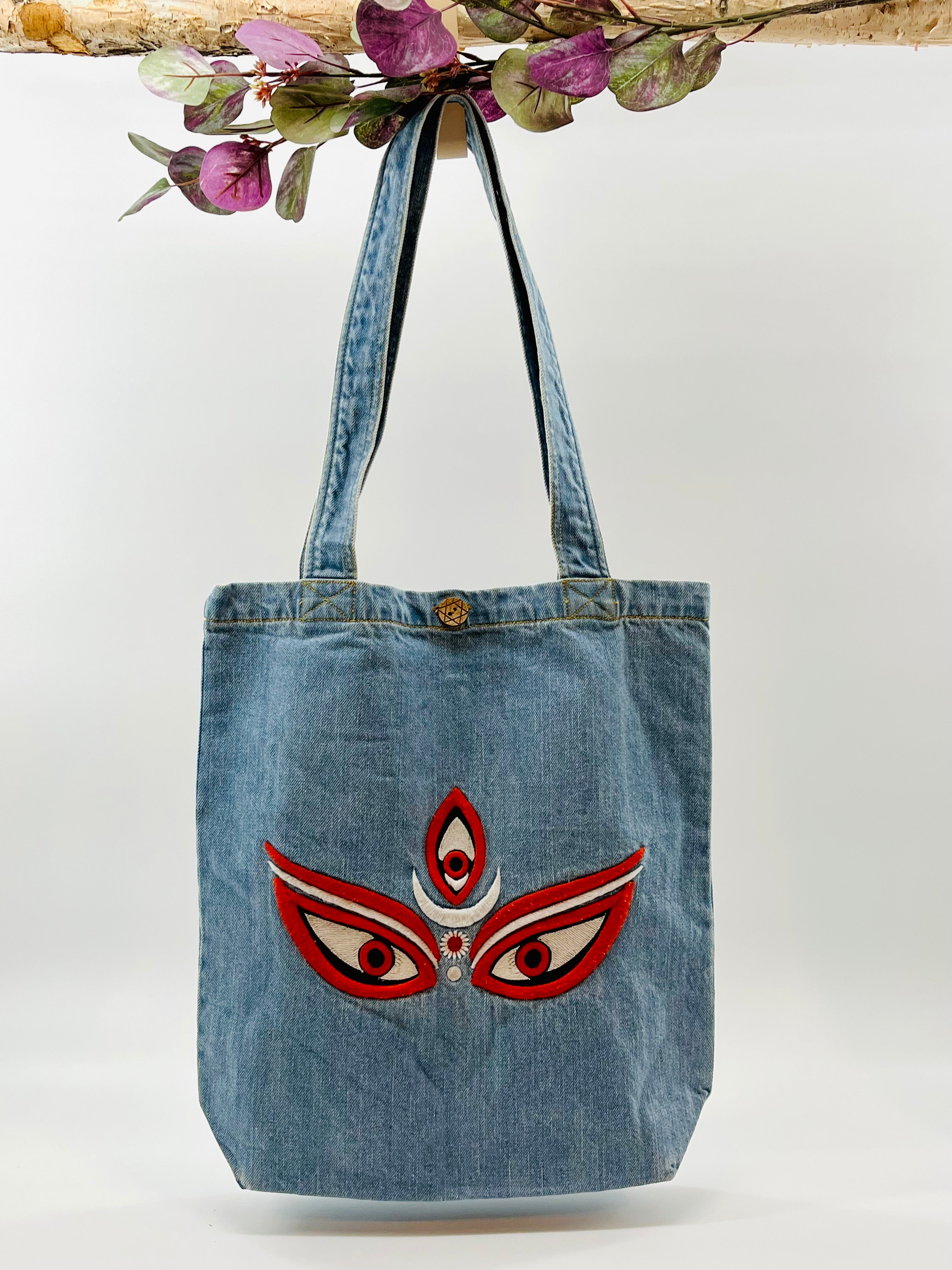 Eyes of "GODDESS KALI" Denim Tote Bag | Light Denim