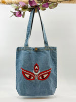 Eyes of "GODDESS KALI" Denim Tote Bag | Light Denim