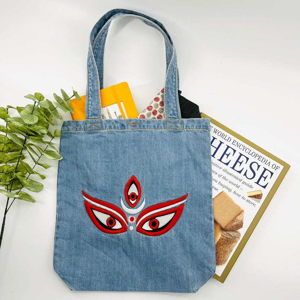 Eyes of "GODDESS KALI" Denim Tote Bag | Light Denim