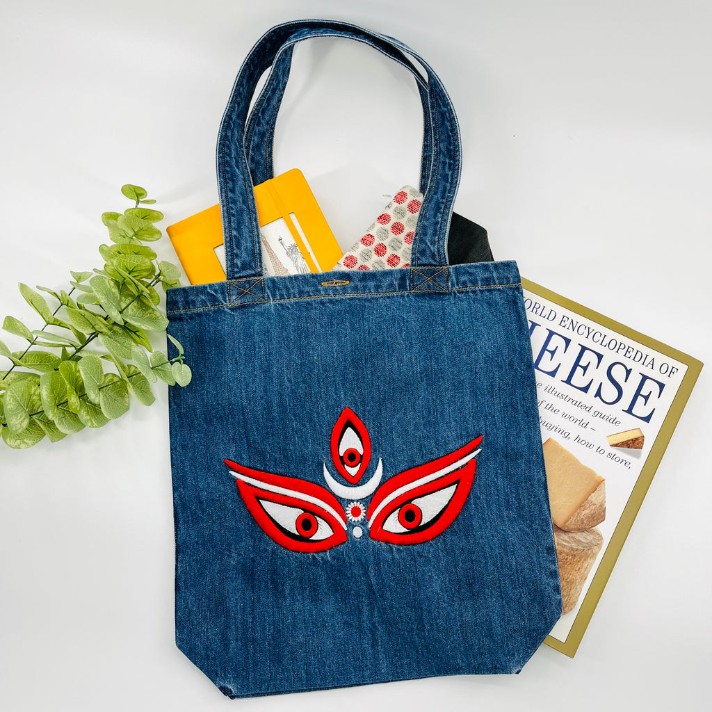 Eyes of "GODDESS KALI" Denim Tote Bag | Dark Blue Denim