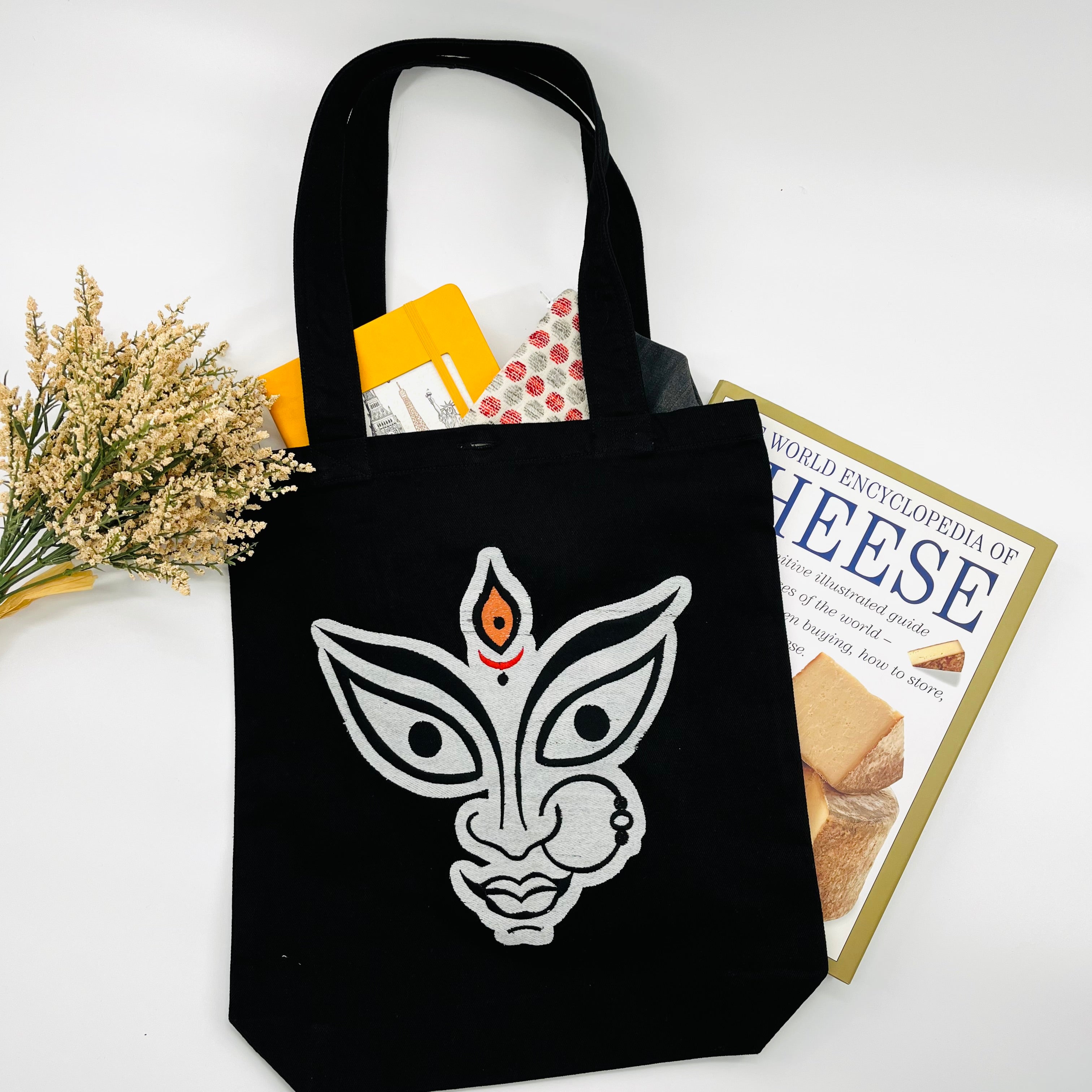 The face of "MAA KALI / Durga" Denim Tote Bag | Black Denim
