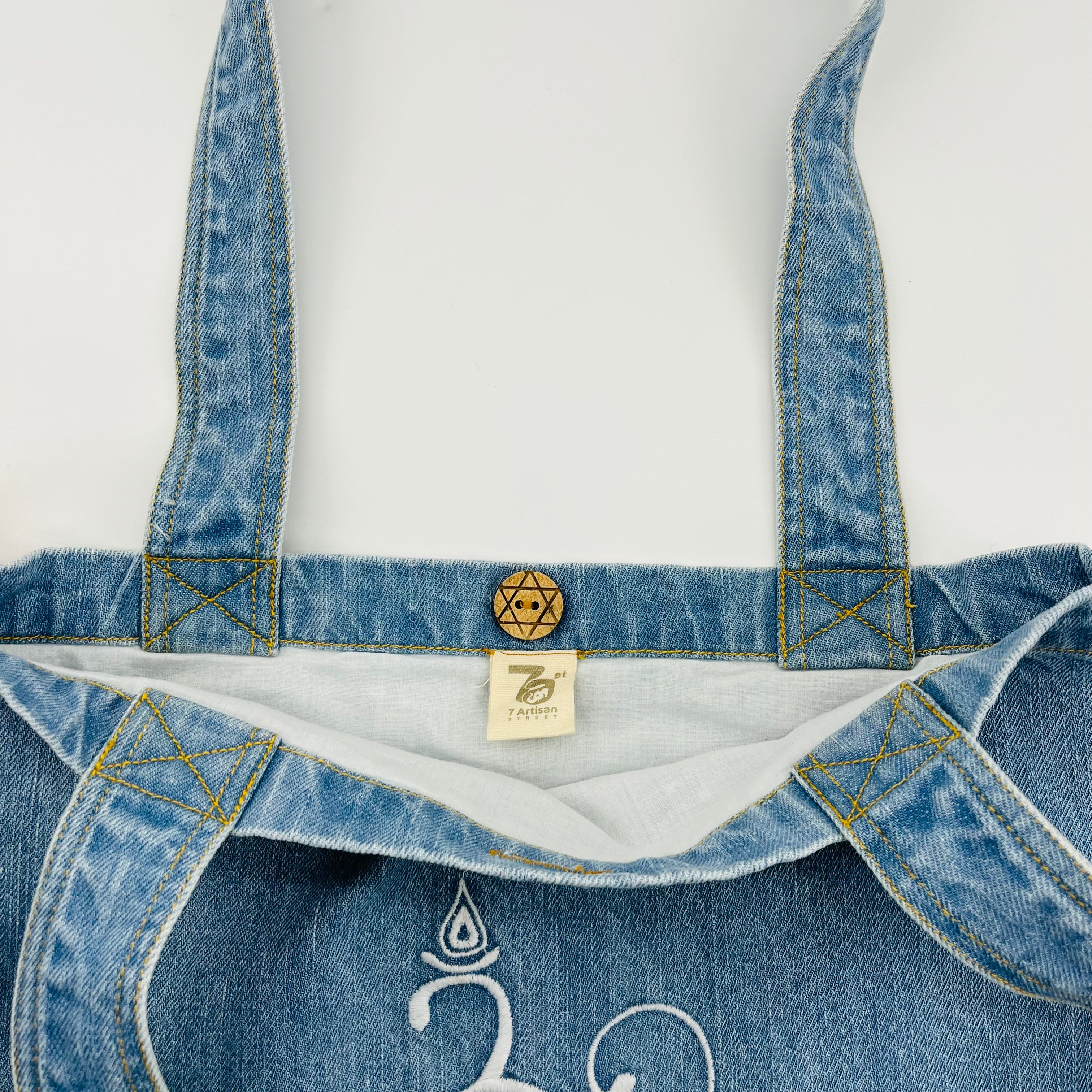 Embroidered "OM" Denim Tote Bag | Light Denim