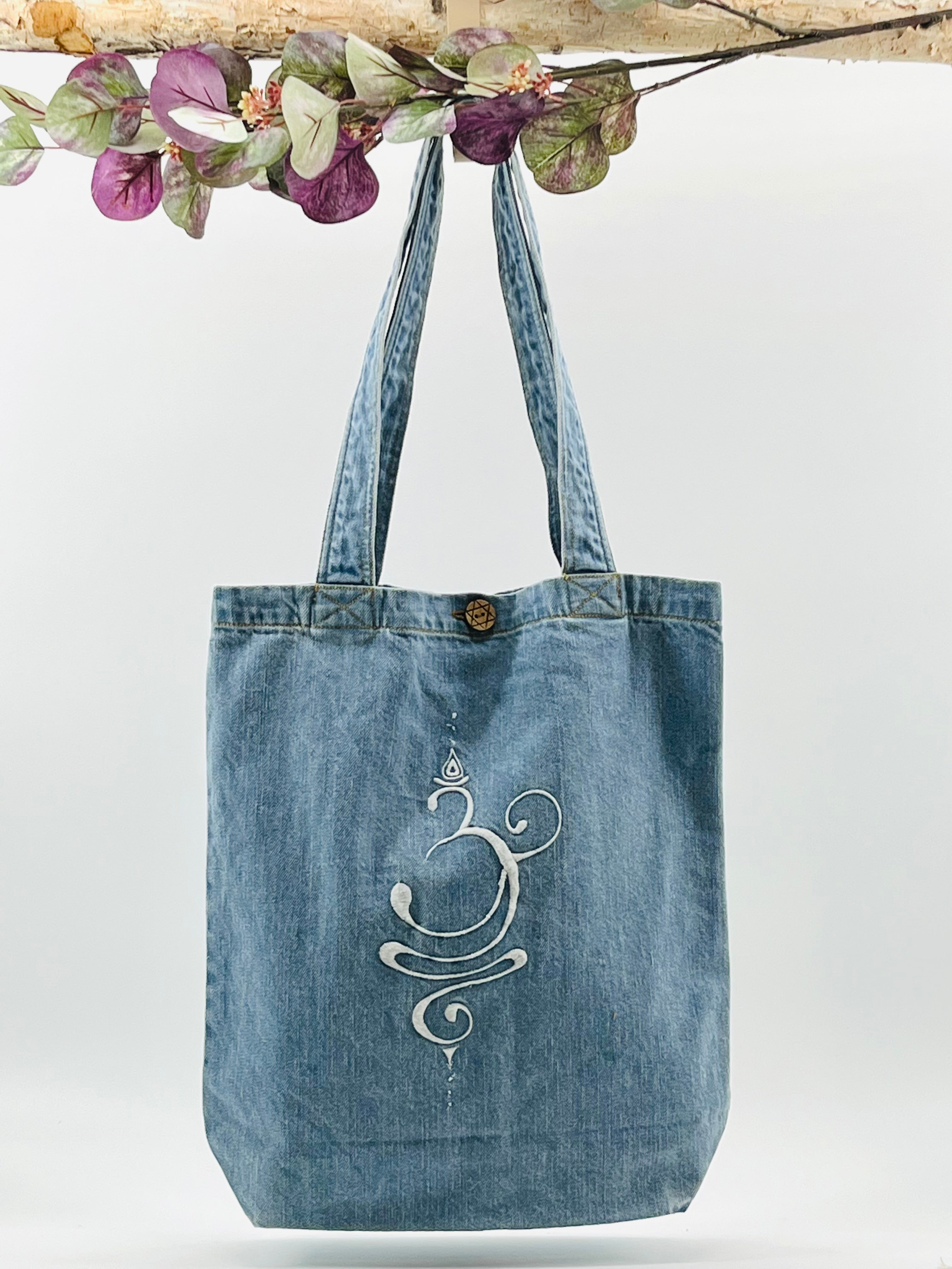 Embroidered "OM" Denim Tote Bag | Light Denim