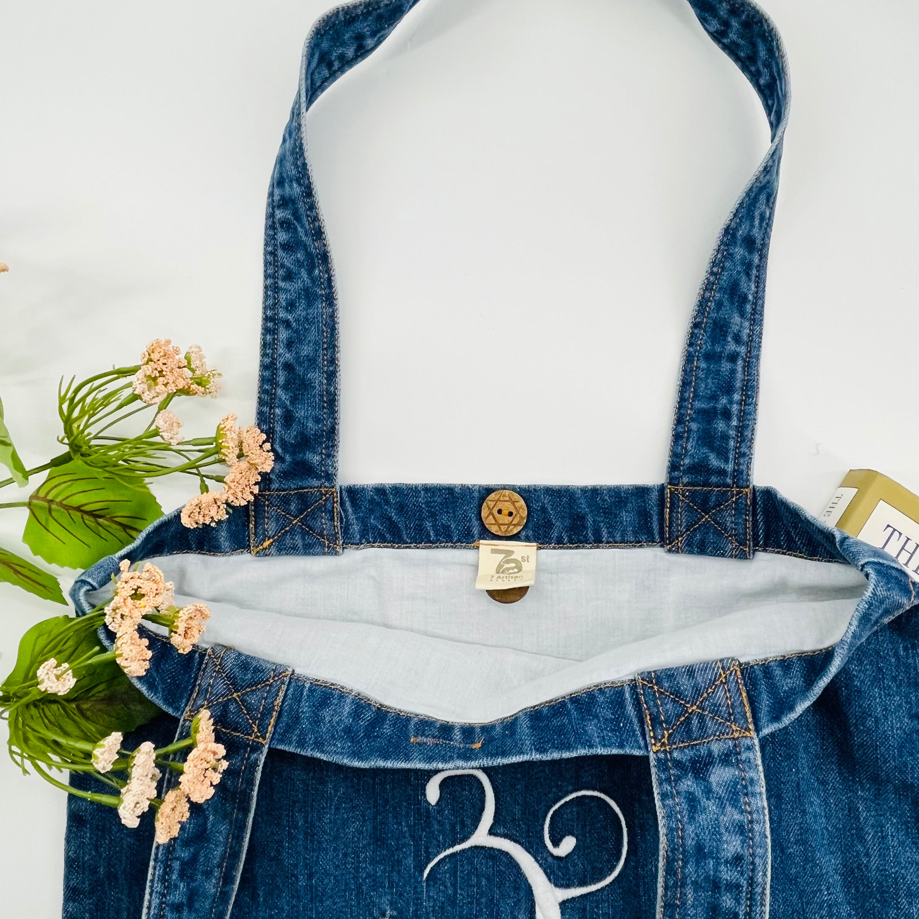 Embroidered "OM" Denim Tote Bag | Mid Blue Denim