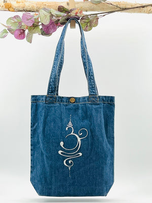 Embroidered "OM" Denim Tote Bag | Mid Blue Denim