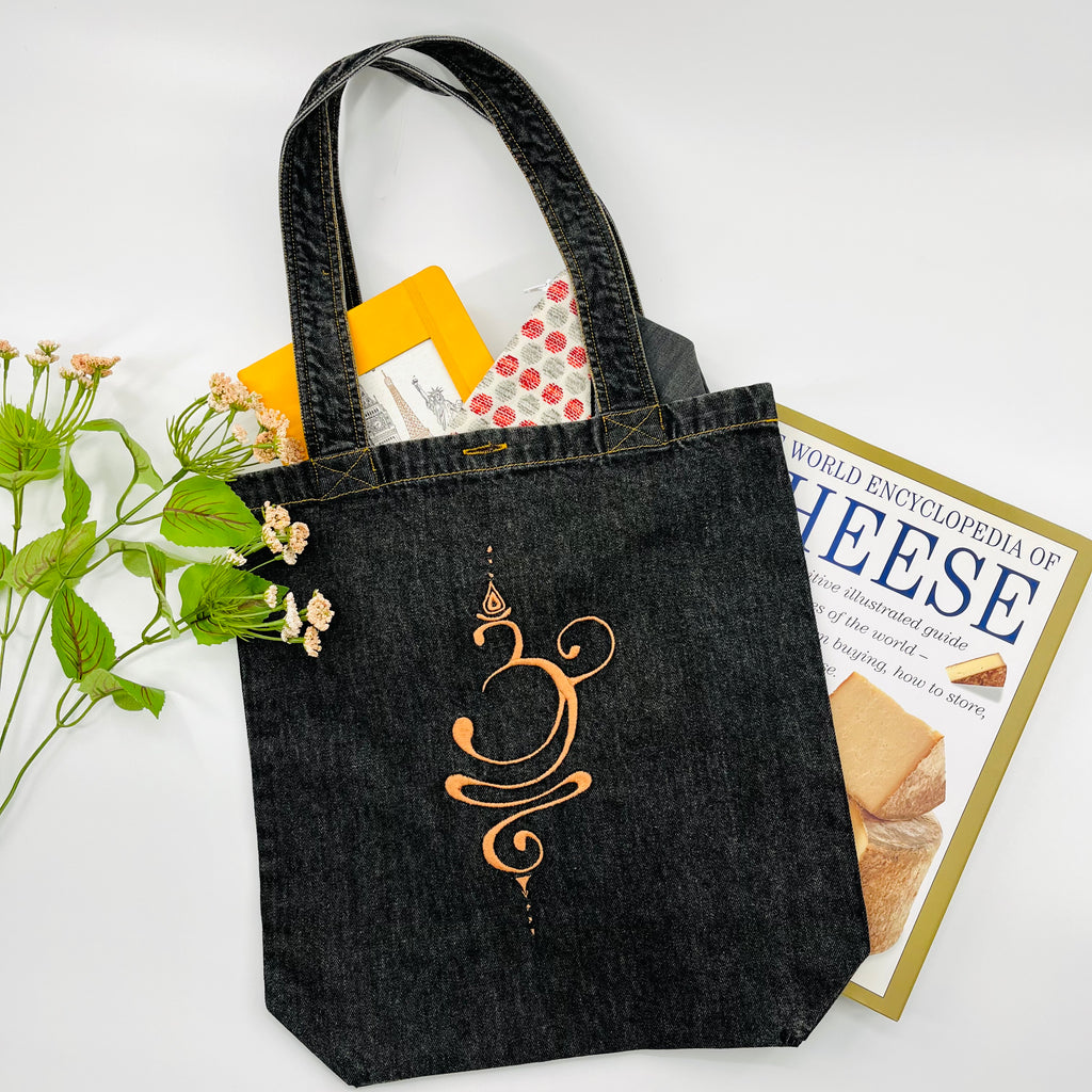 Embroidered "OM" Denim Tote Bag | Charcoal Denim