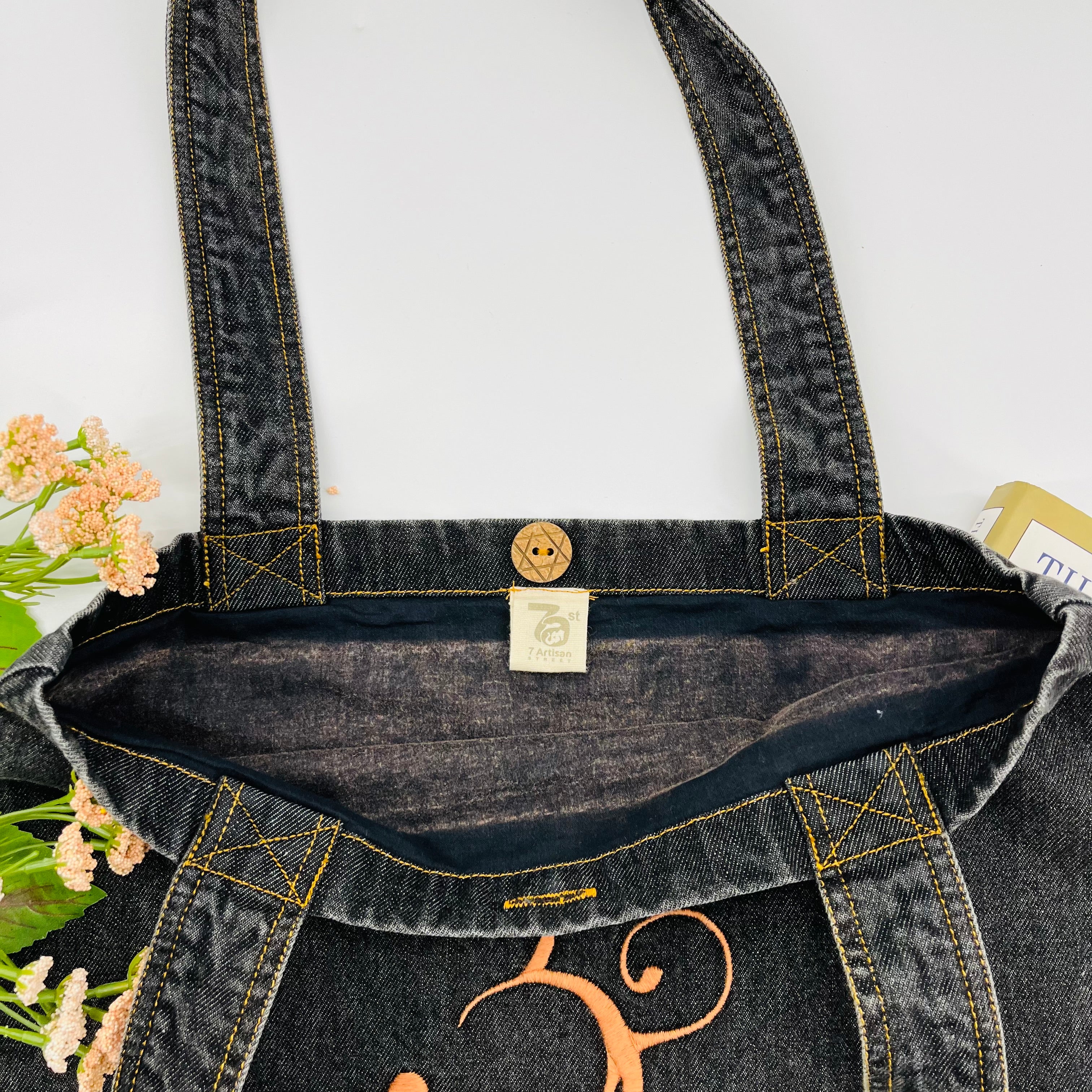 Embroidered "OM" Denim Tote Bag | Charcoal Denim