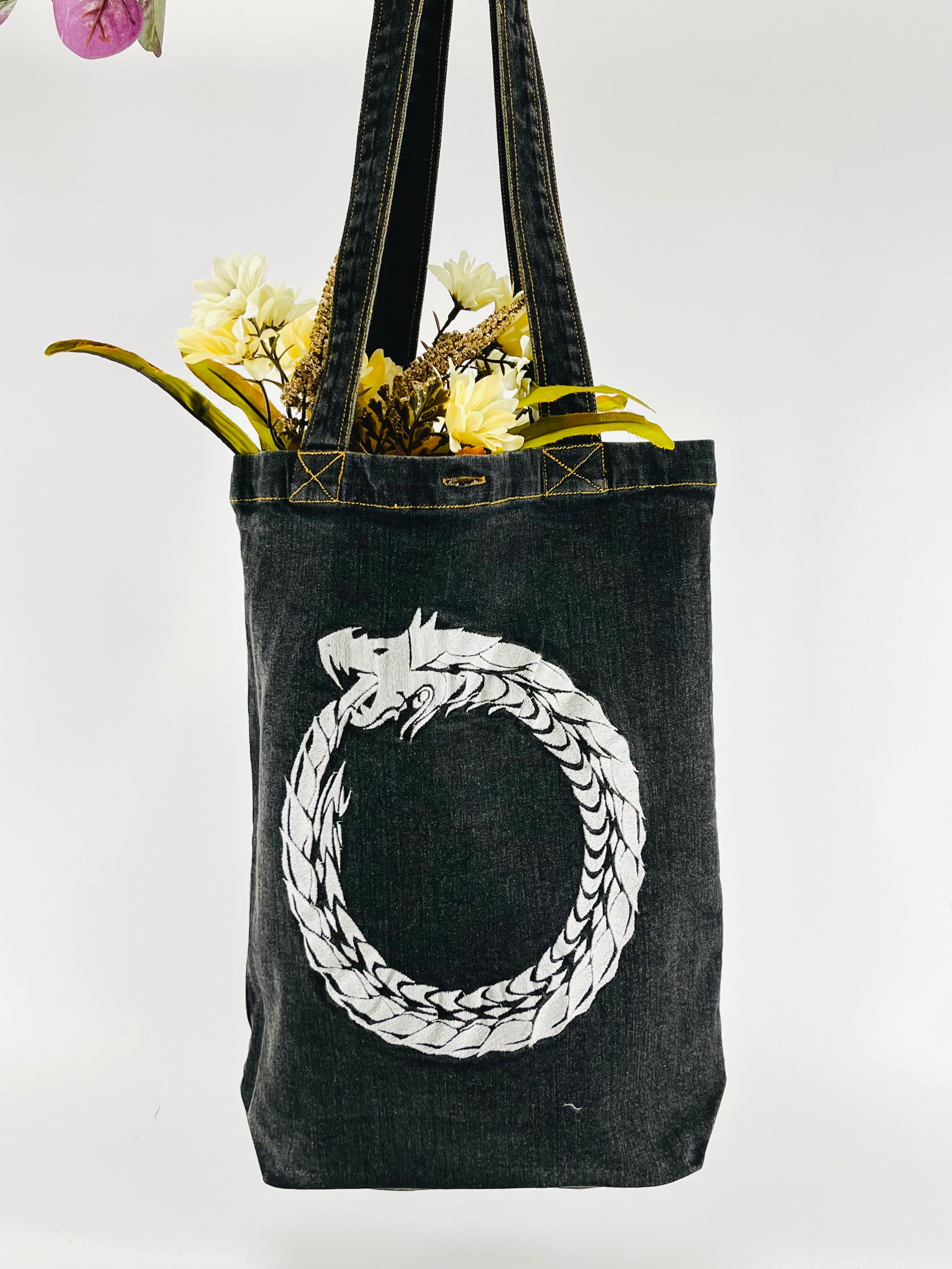 Ouroboros "the never ending cycle" Denim Tote Bag | Charcoal Denim