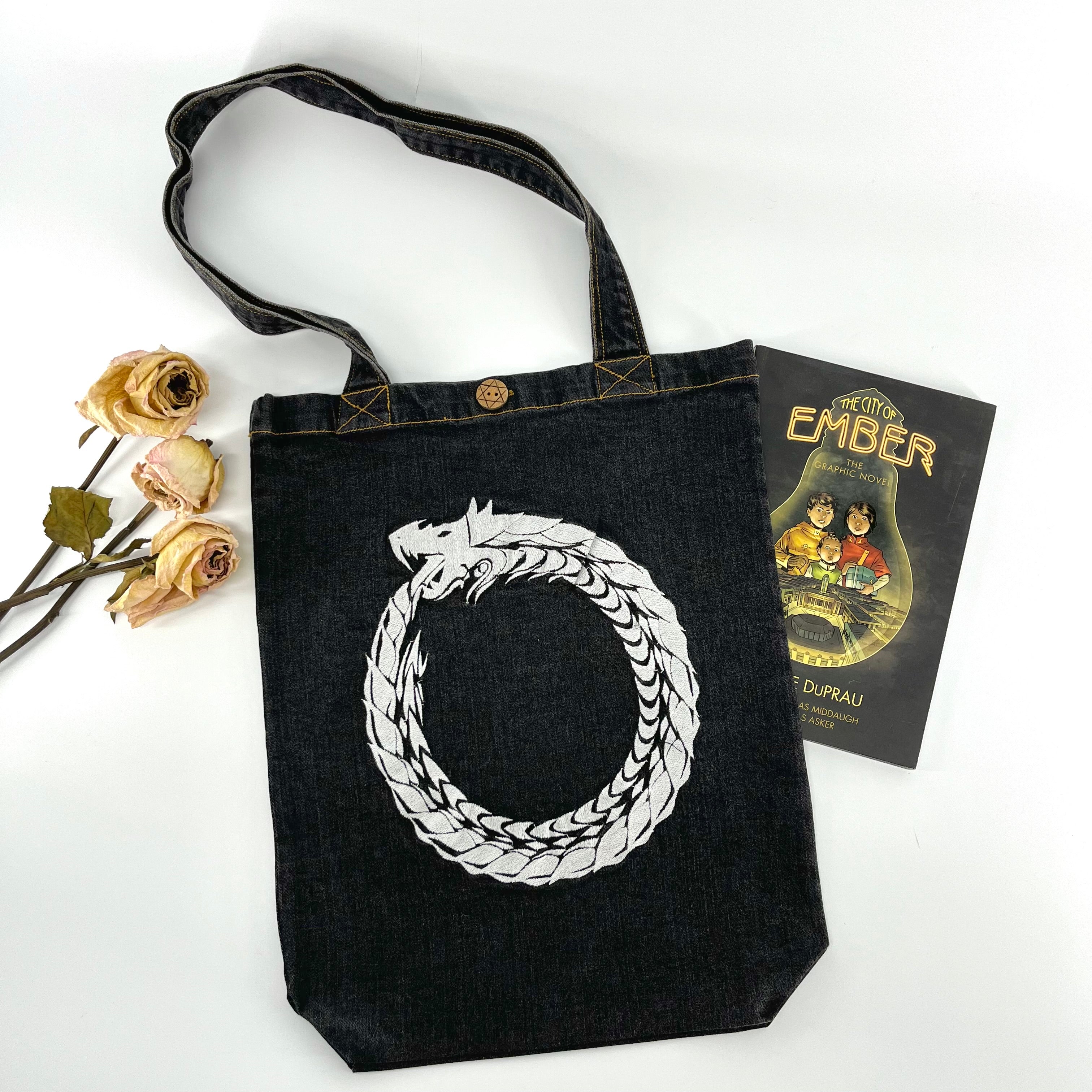 Ouroboros "the never ending cycle" Denim Tote Bag | Charcoal Denim