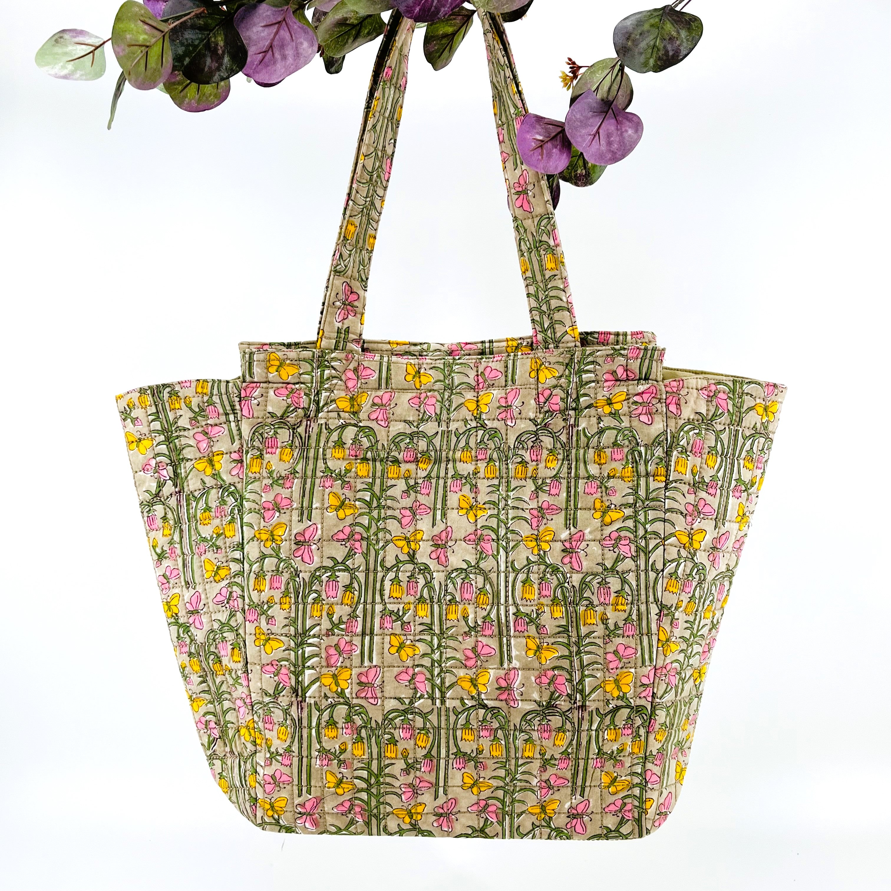 Hand Block Printed; Large Quilted Shoulder Bags; Tan Floral