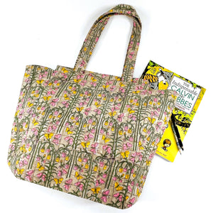 Hand Block Printed; Large Quilted Shoulder Bags; Tan Floral