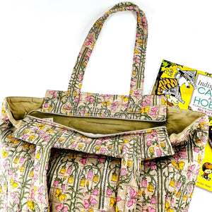 Hand Block Printed; Large Quilted Shoulder Bags; Tan Floral