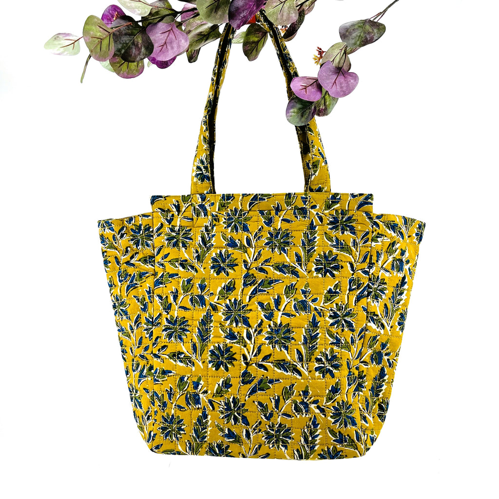 Hand Block Printed; Large Quilted Shoulder Bags; Ocher