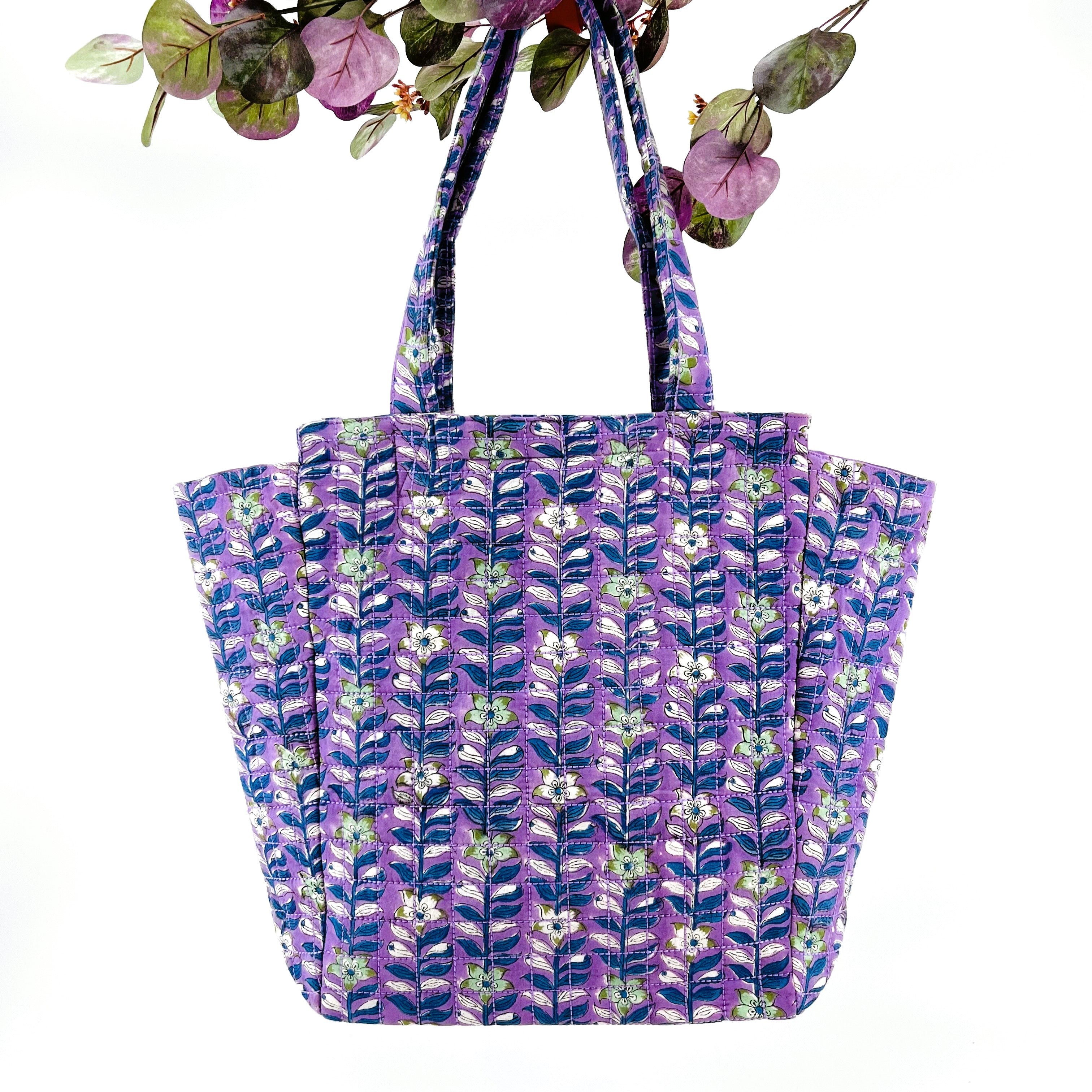 Hand Block Printed; Large Quilted Shoulder Bags; Orchid Lilac