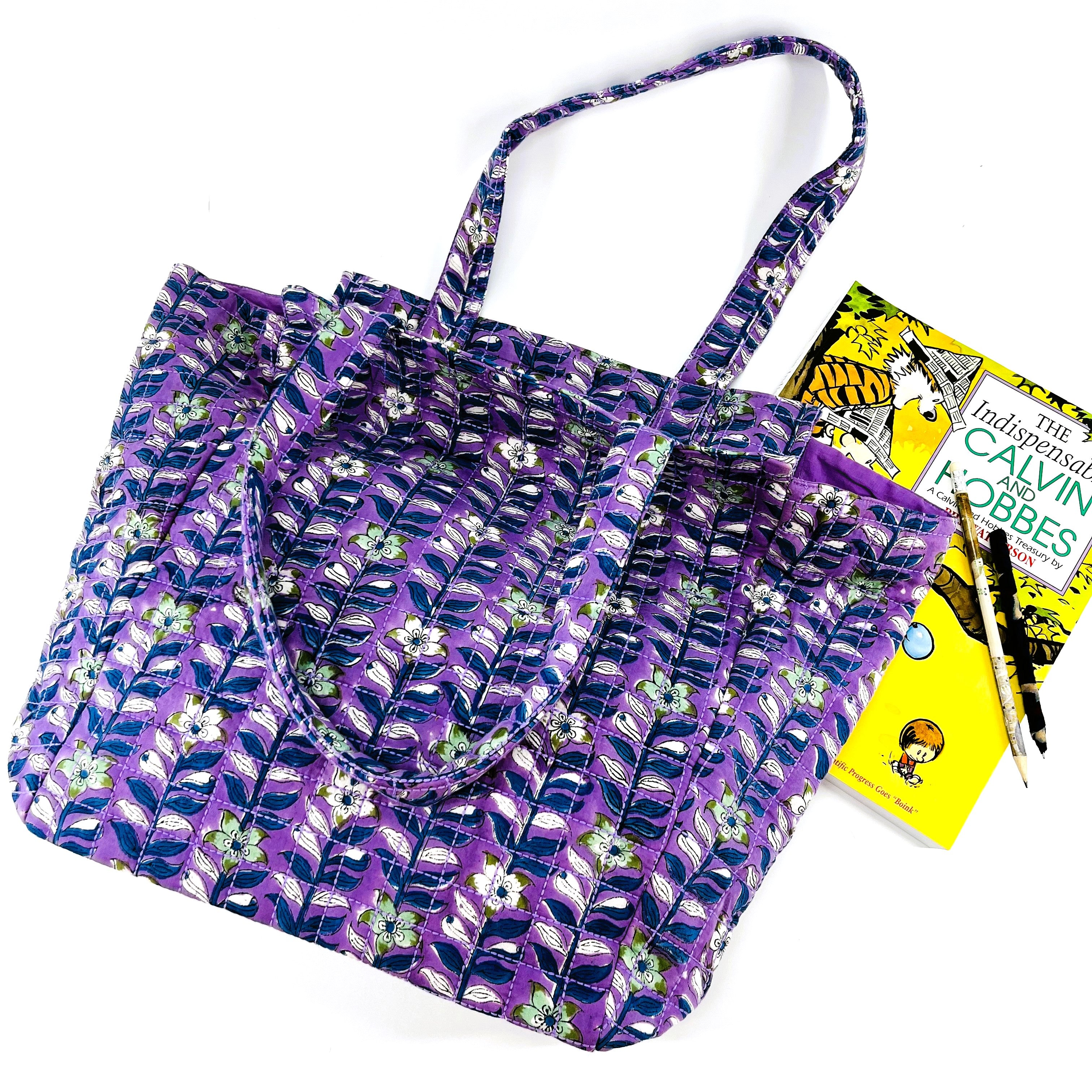Hand Block Printed; Large Quilted Shoulder Bags; Orchid Lilac