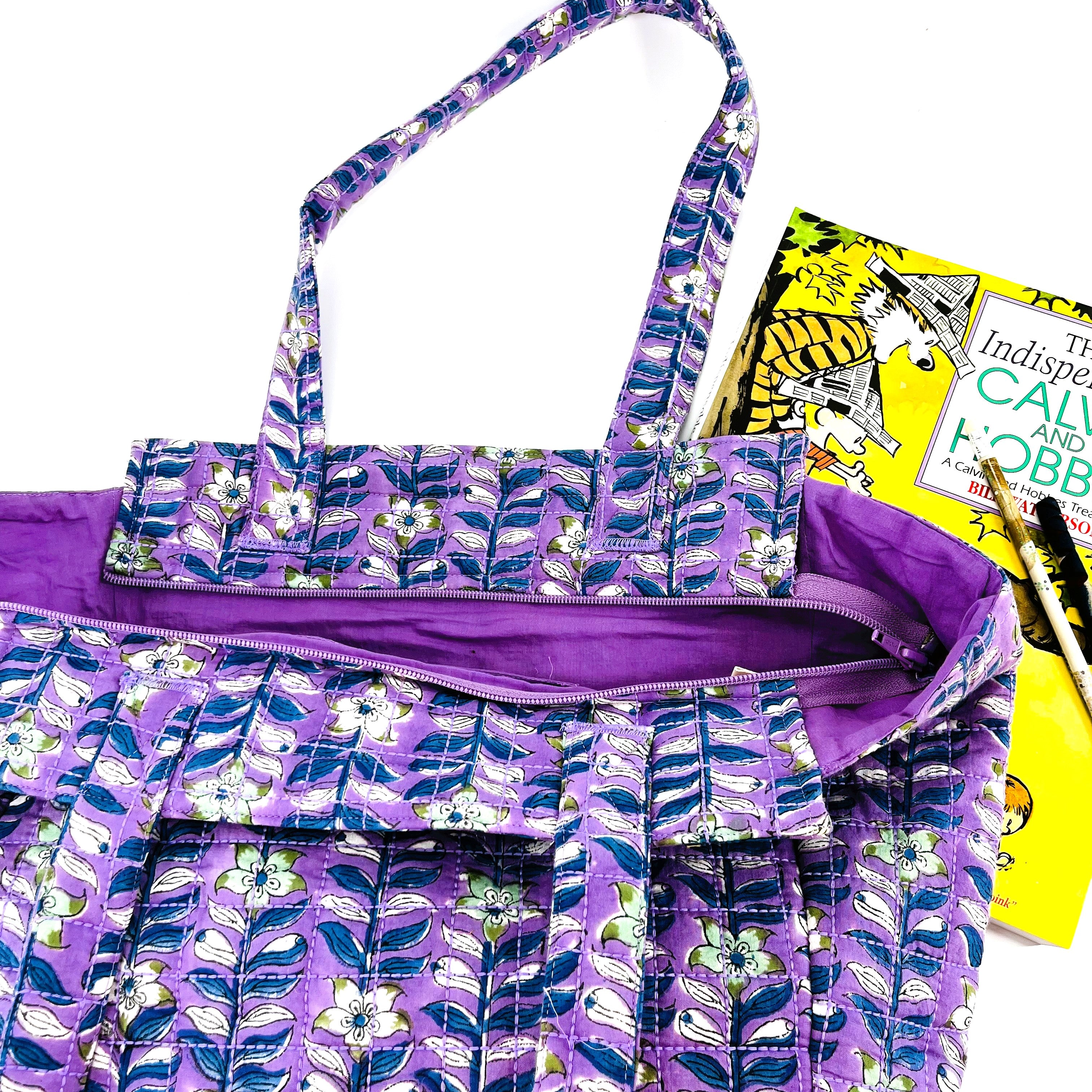 Hand Block Printed; Large Quilted Shoulder Bags; Orchid Lilac